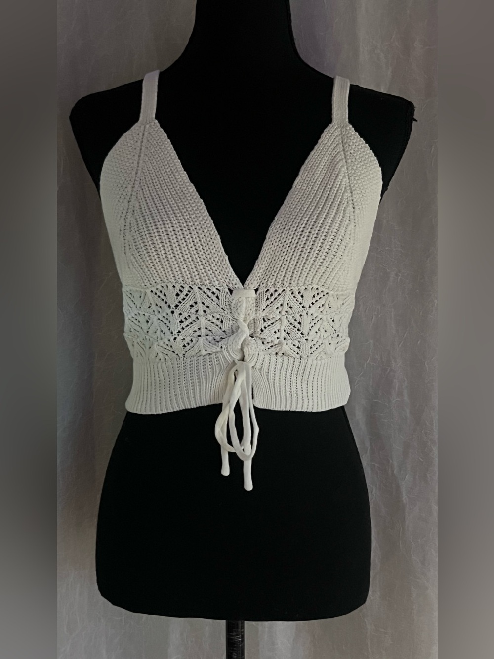 White Knit Lace-Up Cropped Tank Top